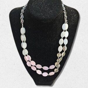 Mother of Pearl Beads Necklace Double Strand Silver Tone Chain White/Pink W OS